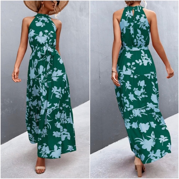 Boho Green Floral Print Halter Maxi Dress Cottagecore - Picture 2 of 5